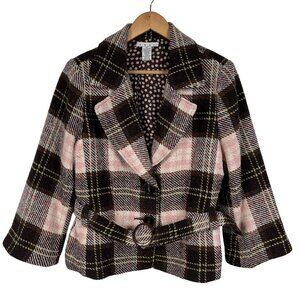 Cabi Wool Blend Plaid Womens Belted Blazer Size 14